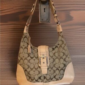 Coach Khaki Signature Canvas Hobo with Tan Leather Trim